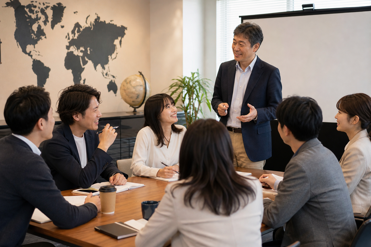 講師が複数の社員へ英語研修を行うイメージ