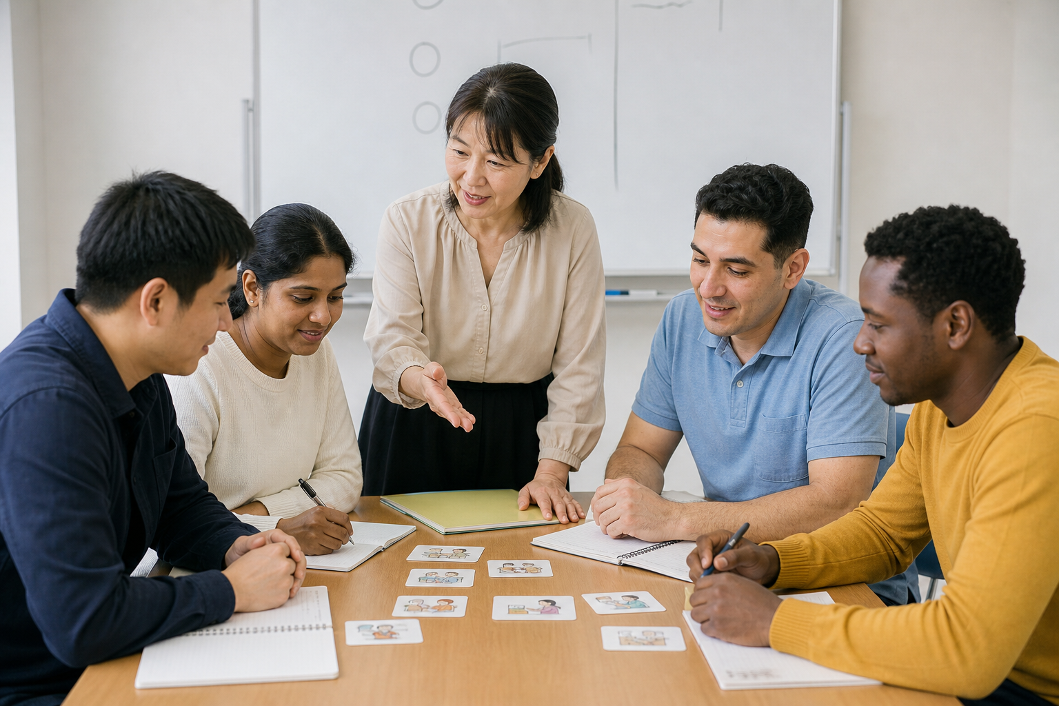 複数の外国人が日本語教師から学ぶイメージ